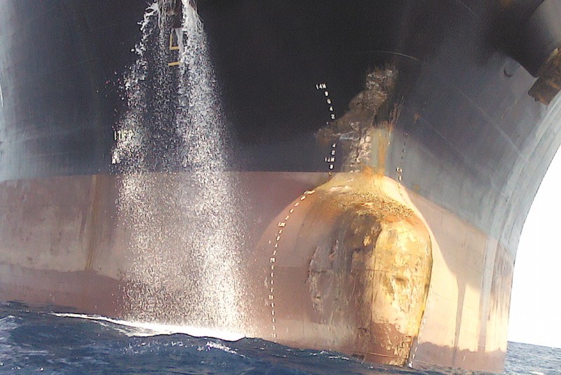 Damage to the bow of the MT Elixir after the collision.