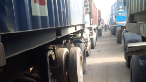 A lineup of trucks queuing to enter the port