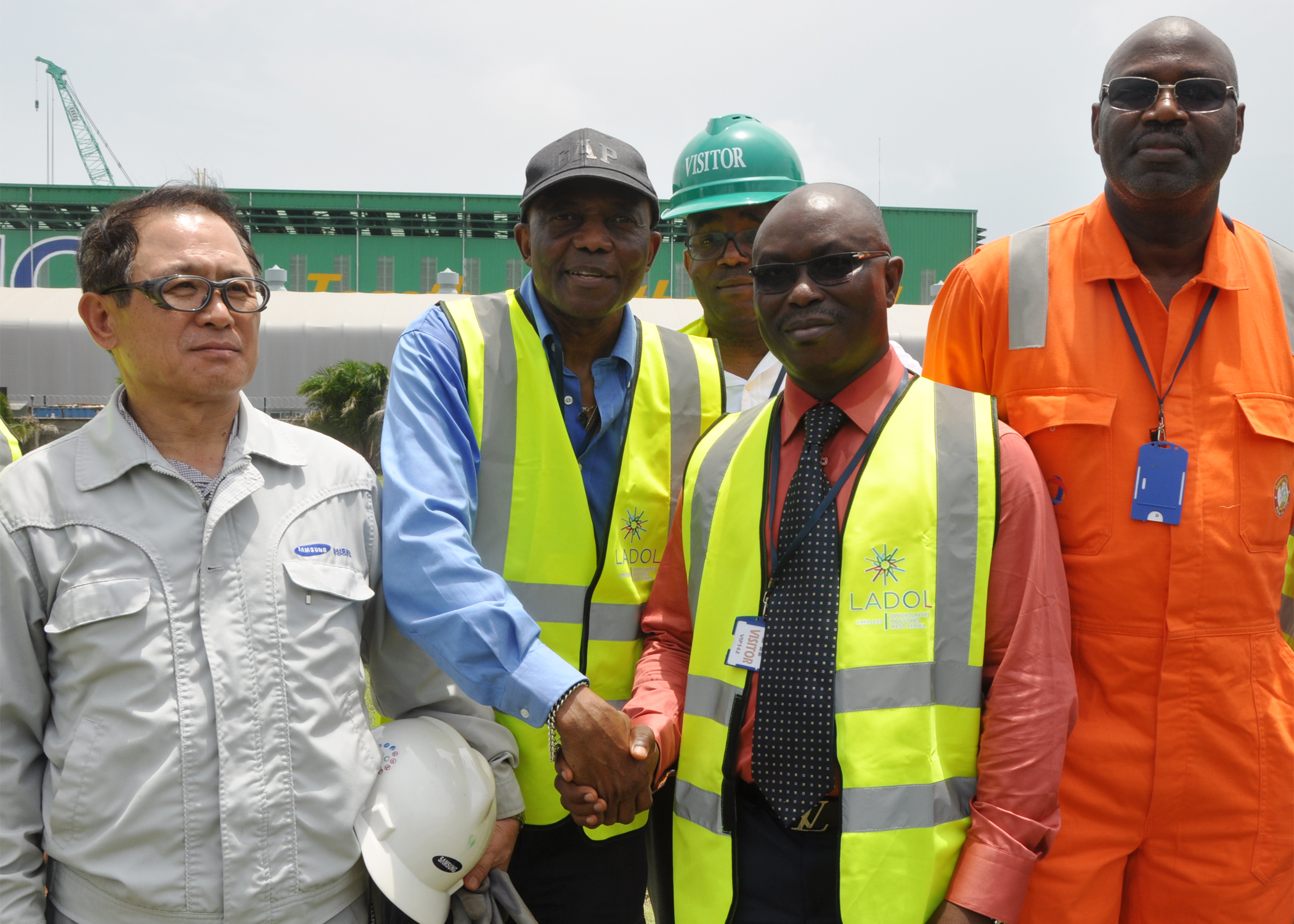 L-R: Managing Director of Samsung Nigeria, Wang Kim; Executive Chairman, Lagos Deep Offshore Logistics Base (LADOL), Mr. Ladi Jadesimi; Executive Secretary, Nigerian Content Development and Monitoring Board (NCDMB), Engr. Patrick Obah and the Deputy Managing Director of Total Nigeria, Engr, Musa Kida when a team of the NCDMB and international oil companies visited the Egina FPSO project site at LADOL base in Apapa, Lagos yesterday. 