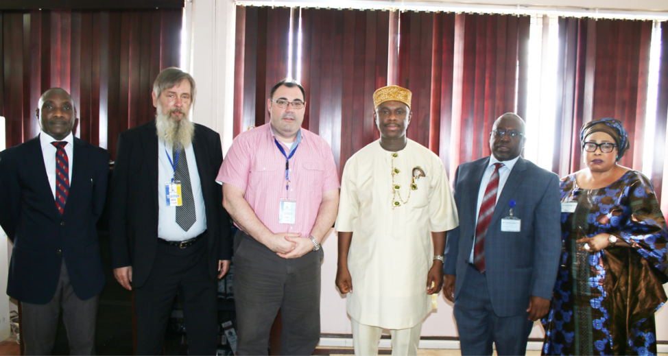 L-R: Legal Adviser, Nigerian Maritime Administration and Safety Agency (NIMASA), Abdulsalami Suleiman; Consultants to the European Union, Holger Frommert and Chris Hedley; Director-General of NIMASA, Dr. Dakuku Peterside; Director of Administration and Personnel Services, Jibril Ibrahim and Head Public Relations, Hajia Lami Tumaka when the consultants visited NIMASA last Monday.  