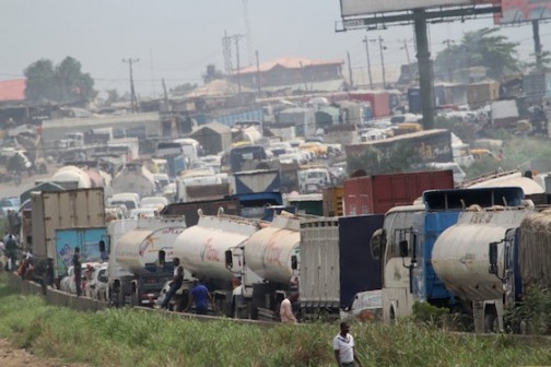 Gridlock on the ever busy Lagos-Ibadan expressway as a petroleum laden tanker, on its way out of Lagos, fell and spilled fuel on the road. The situation brought traffic to a standstill for several hours yesterday.