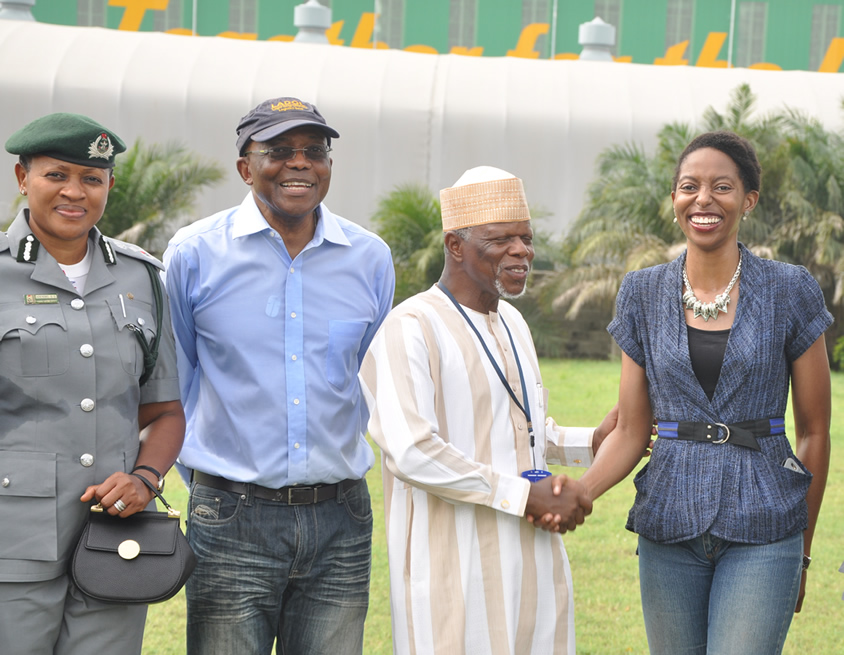 L-R: Deputy Comptroller-General, Excise, Free Trade Zone and Industrial Incentives, Nigeria Customs Service, DCG Banke Adeyemo and Chairman, Lagos Deep Offshore Logistics (LADOL) Industrial Free Zone, Mr. Ladi Jadesimi all smiles as the Comptroller-General of Customs, Alhaji Hameed Ali congratulates the Managing Director of LADOL, Dr. Amy Jadesimi on a job well done at the zone during his visit to the facility on Monday.