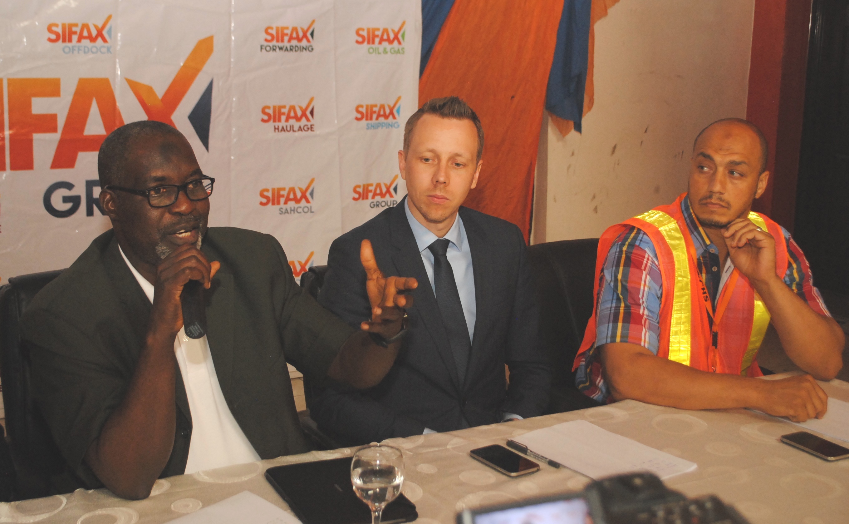 L-R: Managing Director, Ports and Cargo Handling Services Limited, Mallam Mohammed Bulangu; Executive Director, Commercial, Markus Brinkmann and General Manager, Operations, Mustapha Mohammed, at a press briefing organised by the terminal to celebrate 10 years of its operations in Lagos yesterday. 