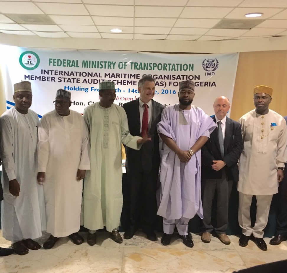 Permanent Secretary of the Federal Ministry of Transportation, Sabiu Zakari (3rd from left), Director General, Nigerian Maritime Administration and Safety Agency (NIMASA), Dakuku Peterside (right) with other top FMOT officials and International Maritime Organization (IMO) auditors during the opening session of IMO Member State Audit Scheme (IMSAS) for Nigeria in Abuja on Monday. 