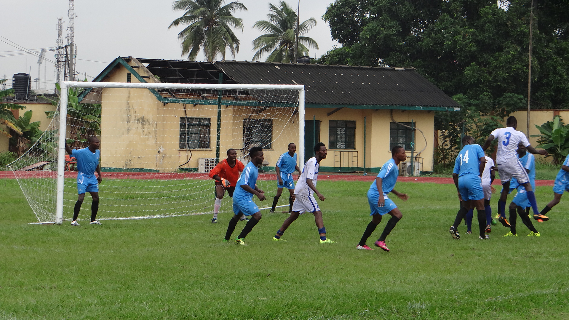 Customs and NAGAFF players contest for the ball during their group B match played at NPA Sports Ground Surulere, Lagos in the ongoing Maritime Cup competition. Customs won 1-0.
