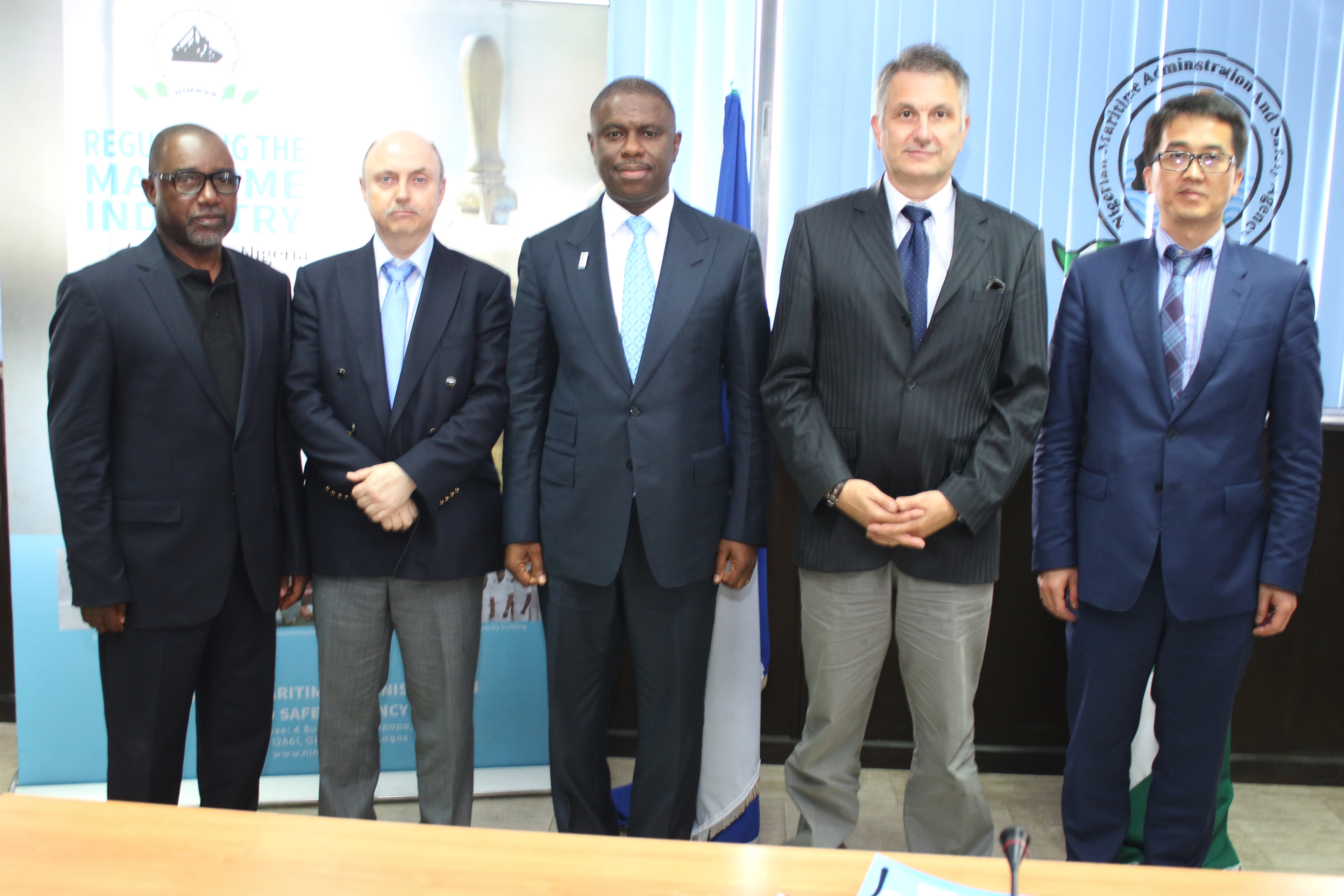 L-R: Nigeria's Alternate Permanent Representative to IMO, Dikko Bala; Member, International Maritime Organisation Member State Audit Scheme (IMSAS), Hakon Stohaug; Director General, Nigerian Maritime Administration and Safety Agency (NIMASA), Dr. Dakuku Peterside; Head of the IMSAS team to Nigeria, Captain Yalscin Cahit; and another member of the team, Wei Song during the submission of the preliminary audit report to NIMASA in Lagos. 
