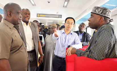 Acting Managing Director of Nigerian Railway Corporation, Fidet Okhiria; Director of Rail Transportation, Mohammed Babakobi, Managing Director, China Civil Engineering Construction Company (CCECC), Jack Lee and Minister of Transportation, Chibuike Rotimi Amaechi during the Minister's inspection of the Abuja-Kaduna Rail Project on Wednesday.