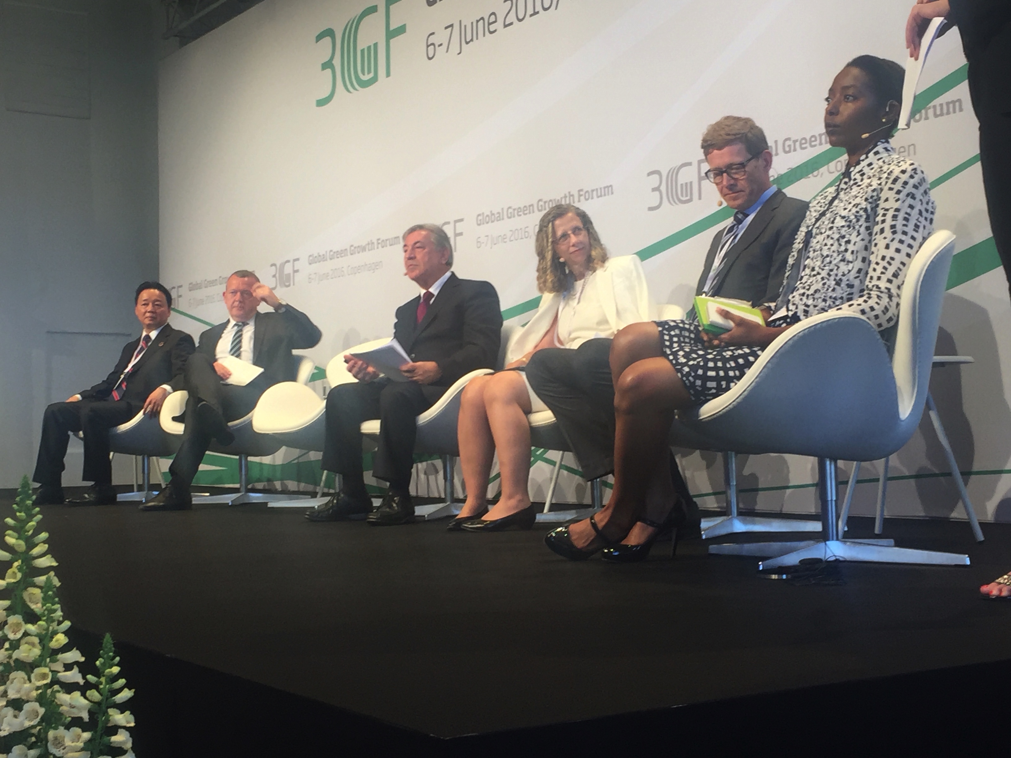 L-R: Prime Minister of Denmark, Lars Lokke Rasmussen; Minister for Natural Resources and Environment, Vietnam, Tran Hong Ha; Director-General of IUCN, Inger Andersen; CEO of Danfoss, Niels B. Christiansen; Panel moderator and Chair of Board of KR Foundation and CONCITO, Connie Hedegaard and Managing Director of Lagos Deep Offshore Logistics Limited (LADOL), Dr. Amy Jadesimi during a panel session at the 2016 annual Global Green Growth Forum (3GF) held recently in Copenhagen, Denmark.    