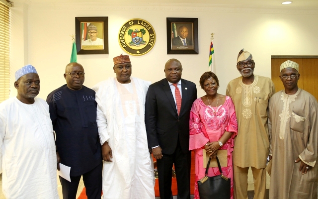 Lagos State Governor, Akinwunmi Ambode (middle), with Chairman, Indices & Disbursement Committee, Federal Revenue Mobilisation Allocation and Fiscal Commission, Alhaji Aliyu Mohammed (3rd left) and other delegate members during the visit