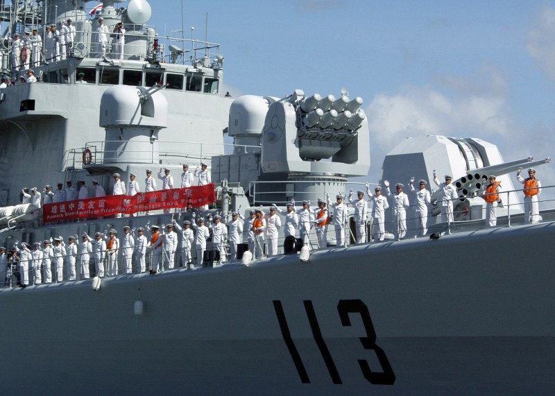 Sailors aboard the Chinese People’s Liberation Army-Navy destroyer Qingdao (DDG 113). 