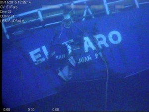The stern of the El Faro is shown on the ocean floor taken from an underwater video camera