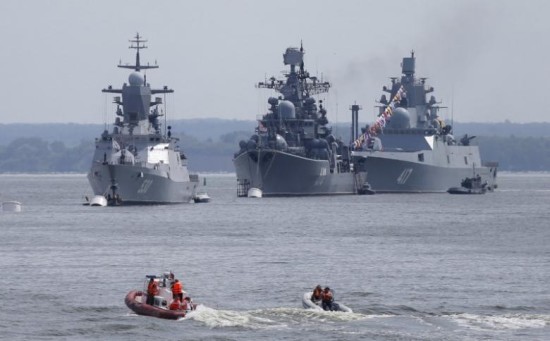 Russian navy ships are anchored in bay of Russian fleet base in Baltiysk in Kaliningrad region