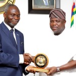 Lagos State Governor, Akinwunmi Ambode (right), presenting a State plaque to President, Nigerian-British Chamber of Commerce, Prince Dapo Adelegan during a courtesy visit to the Governor, at the Lagos House, Ikeja, on Tuesday.