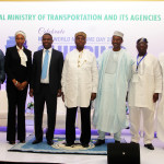 L-R: Executive Secretary, Nigerian Shippers' Council, Hassan Bello; Managing Director of Nigerian Ports Authority, Hadiza Bala Usman; Director-General Nigerian Maritime Administration and Safety Agency, Dakuku Peterside; Minister of Transportation, Rotimi Amaechi; Permanent Secretary, Federal Ministry of Transportation, S. Zakari; former Managing Directors of Nigerian Shippers' Council Adedayo Sarumi and Adamu Biu at the 2016 World Maritime Day Celebration in Lagos yesterday.