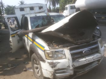 An official vehicle of the Lagos State Traffic Management Agency (LASTMA) destroyed after one of its officials killed a motor boy at Liverpool in Apapa yesterday.