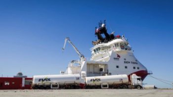 The MV Siem Thiima is loaded with LNG bunker fuel at the King Bay Supply Base in Dampier, WA, January 23, 2017.