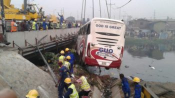 At least three people were killed, while 23 sustained injuries after a luxury bus with registration number Anambra GDD 386 YE plunged into a lagoon at Owode Elede in the Mile 12 area of Lagos state.  Adebayo Kehinde, spokesperson for the Lagos State Emergency Management Authority (LASEMA), confirmed this, saying the ill-fated bus was returning to Lagos from Abia state when the incident occurred.  Kehinde said the agency was informed about the accident around 3:23am, and it swung into action immediately.  "The agency received a distress call at about 3.23 am today 17/2/2017 via the emergency toll free number 767/112 concerning a luxury bus with registration number Anambra GDD 386 YE belonging to GUO Transport Service Co. LTD which was gathered to be enroute Maza Maza from Aba, Abia state," Kehinde said in a statement.  "According to preliminary investigations conducted at the incident scene.The luxury bus was said to have skidded off its track while on top speed and plunged into the canal at Owode Elede, before Mile 12. Ikorodu road."  Kehinde said there were 59 passengers in the bus, and that those who died fell into the water, where their corpses was recovered.  "The bus with 59 passengers on board had 23 people injured and were treated on the spot by a joint team of LASEMA Paramedics and LASAMBUS, nine out of the treated victims were taken to the Lagos State Trauma Centre at the Toll Gate for further treatment, while two adult male and one female, which include the motor boy were recovered dead from the Canal," he said.  "The three dead bodies, bus and their belongings were handed over to the men of the Nigeria Police, Owode Division.  "The agency recovered the vehicle with the aid of its heavy duty equipment crane and towed it off the road to ensure free flow of traffic." 
