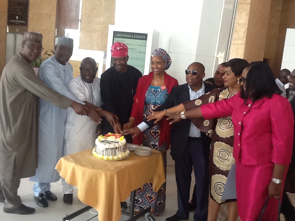 Managing Director, Nigerian Ports Authority (NPA), Ms Hadiza Bala Usman (4th from right) and other senior officials of the agency  celebrating the out-going General Manager, Public Affairs of NPA, Chief Michael Kayode Ajayi (4th from left) on the occasion of his 60th birthday and formal retirement from service on Wednesday. 