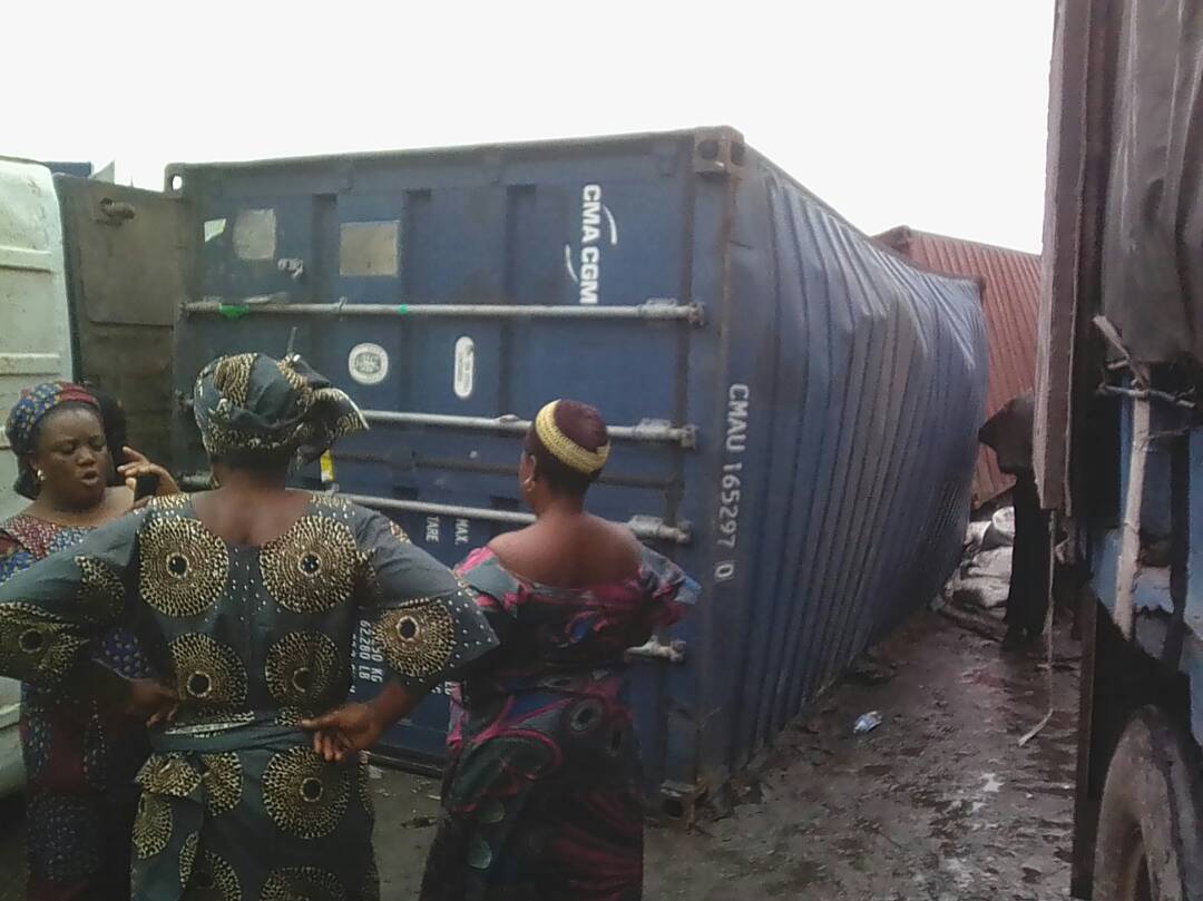 Trucks laden with goods fall at Apapa road