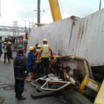 container falls on commercial bus at Ojota