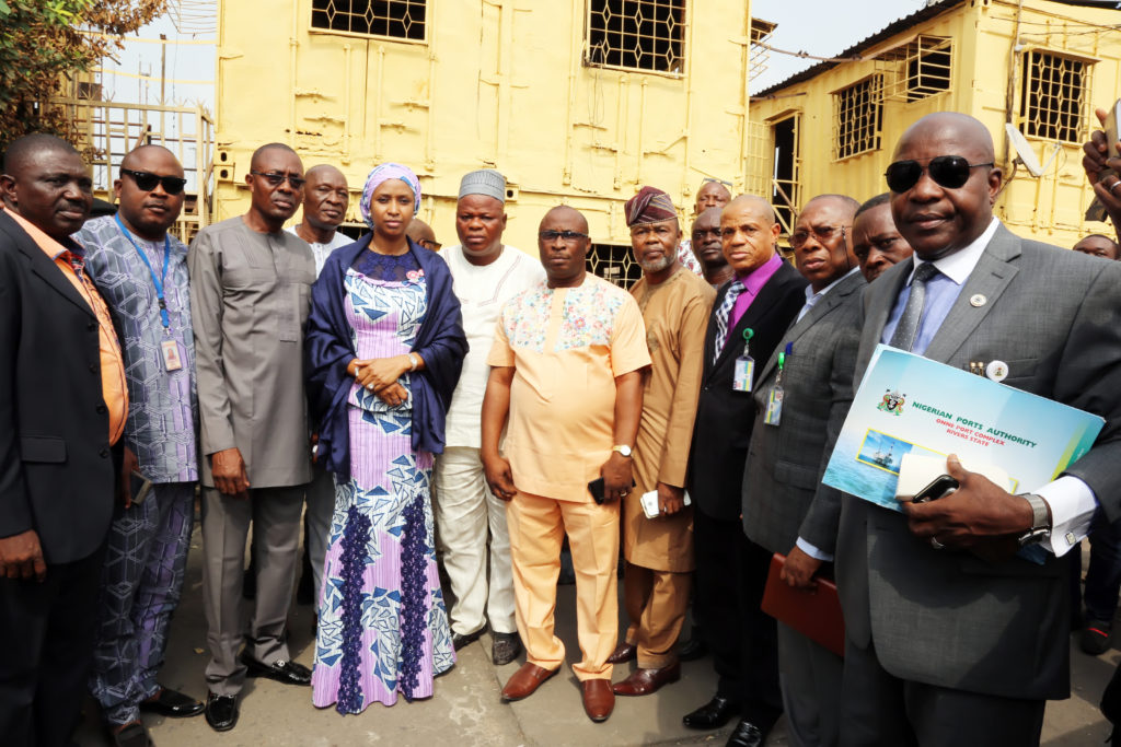The Managing Director of the Nigerian Ports Authority (NPA), Hadiza Bala Usman with other port officials and stakeholders at the scene of the Tin Can Island Port Complex fire which occurred last week. The fire consumed more tan 40 offices, mostly belonging to clearing agents and traders. 