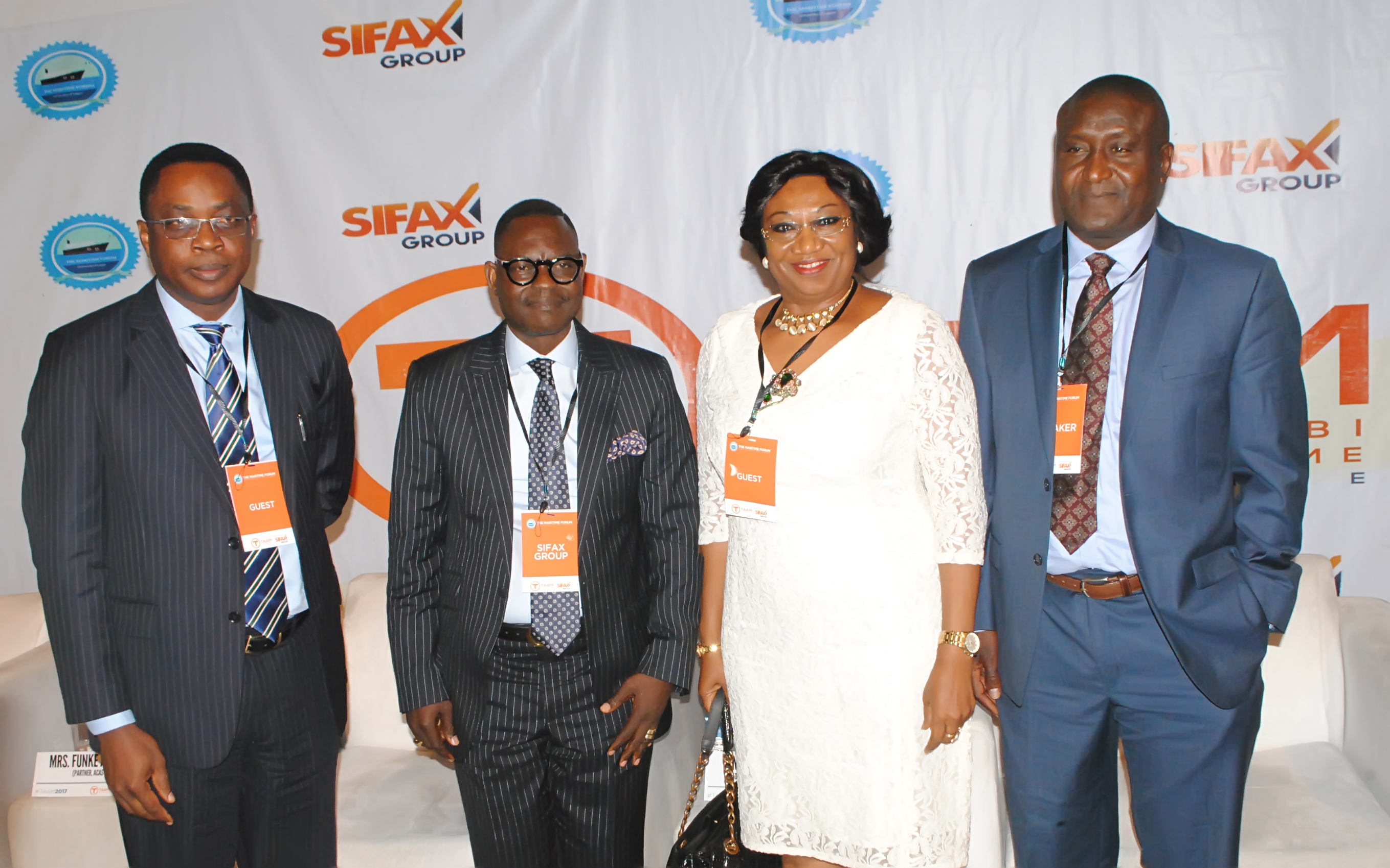 L-R: Anthony Ogadi, Head, Shipping Department, Nigerian Maritime Administration and Safety Agency; Dr. Taiwo Afolabi (MON), Group Executive Vice Chairman, SIFAX Group; Mrs. Ifeora Celine, Head, Complaints and Enforcement Unit, Nigerian Shippers’ Council and Mr. Stanley Yitnoe, Acting General Manager, Business Development, Nigerian Ports Authority.
