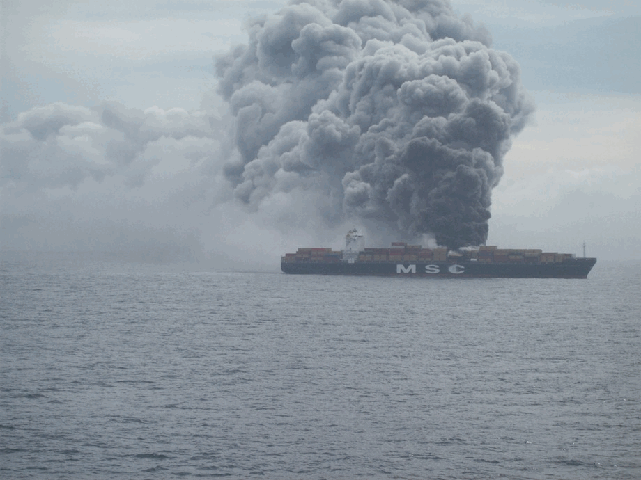 The MSC Flaminia on fire in the North Atlantic in 2012. 