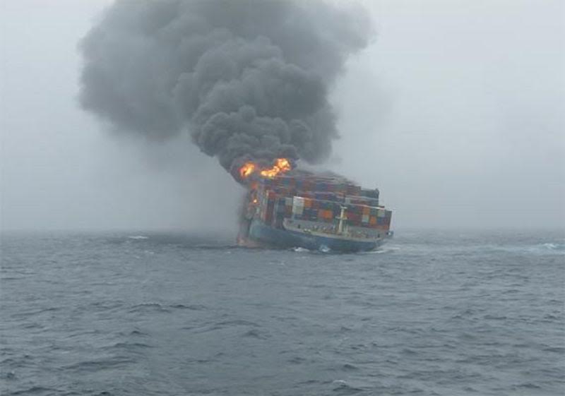 The forward section of the MOL Comfort on fire in the Indian Ocean, July 2013. 