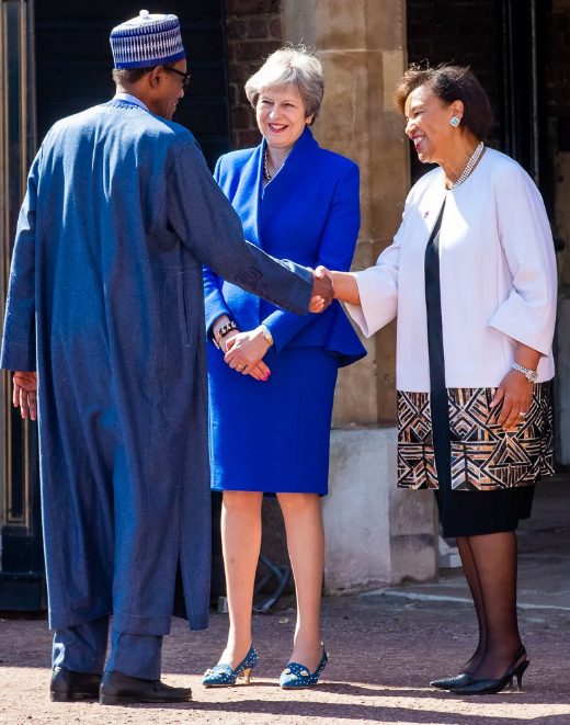 President Muhammadu Buhari welcomed by British Prime Minister Theresa May and CHOGM Secretary-General Patricia Scotland. 