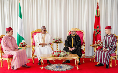 President Buhari with L-R: Prince Moulay Rachid, King of Morocco Mohammed VI and Crown Prince Moulay Al Hassan as he arrives The Kingdom of Morocco on a two-day state visit on Sunday. 