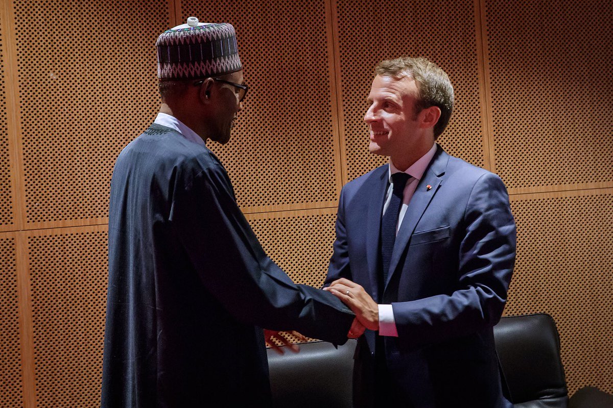 Buhari, Macron in closed-door talks in Aso Rock