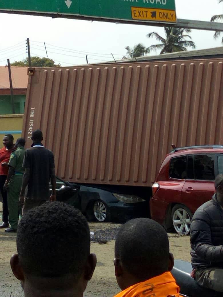 PHOTOS: Container crushes two cars in Apapa
