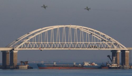 Russia uses cargo ship to block Ukrainian navy vessels