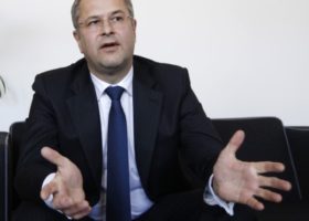 Soren Skou, the CEO of Maersk Line speaks during an interview with Reuters at a hotel in London