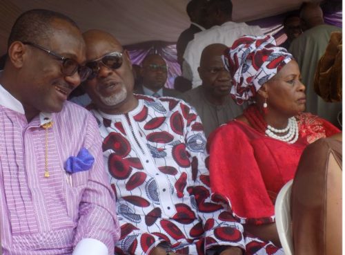The Executive Secretary, Nigerian Content Monitoring and Development Board ( NCMDB), Engr. Simbi Wabote; President, Shipowners Association of Nigeria (SOAN), Engr. Greg Ogbeifun and his elder sister, Mrs. Elizabeth Idele at the burial ceremony of Deaconess Cecilia Izogie at Benin City, Edo State on Friday. 