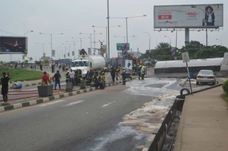 PHOTOS: Gridlock as fuel tanker falls on Lagos airport road