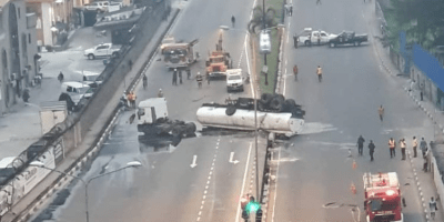 Victoria Island in lockdown over fallen petrol tanker