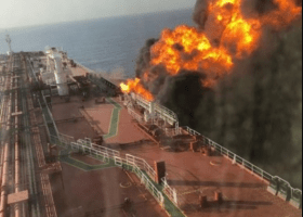 Ship goes up in flame near Strait of Hormuz
