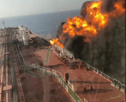 Ship goes up in flame near Strait of Hormuz