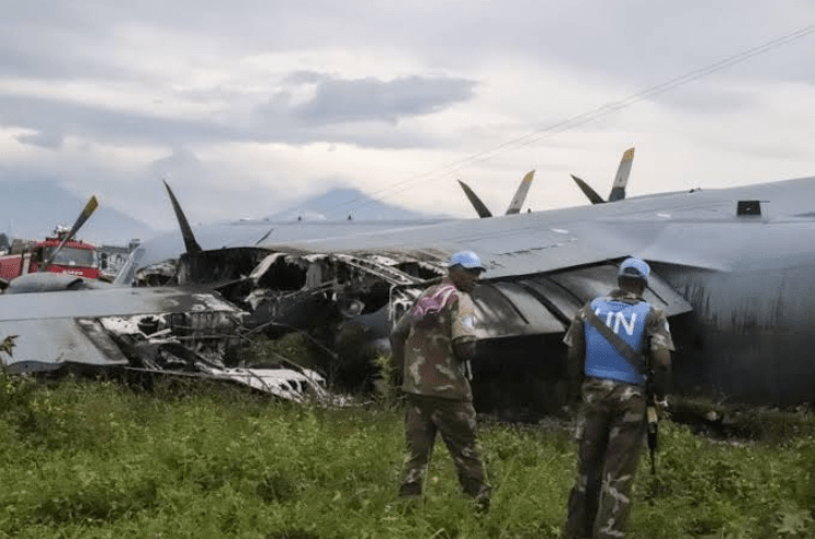 South African military plane catches fire in Congo