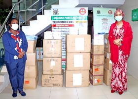 The Managing Director, Nigerian Ports Authority (NPA), Hadiza Bala Usman (right), receiving COVID-19 personal protective equipment from the Managing Director, Maersk Nigeria Limited, Lara Lana, at the NPA Headquarters a Marina, Lagos, on Thursday.