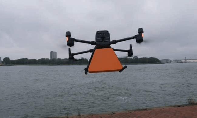 Drone delivers package to inland vessel in port of Rotterdam 