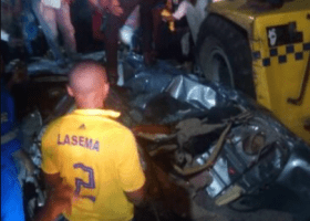 Container falls off truck in Lagos, crushes vehicle