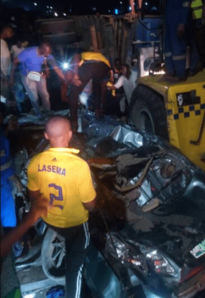 Container falls off truck in Lagos, crushes vehicle 