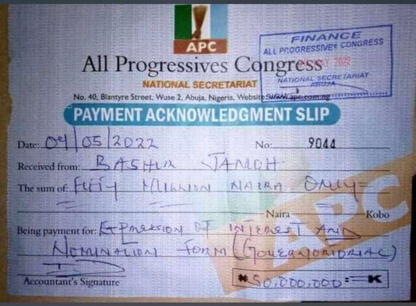 Jamoh's receipt of N50million for the expression of interest and nomination form