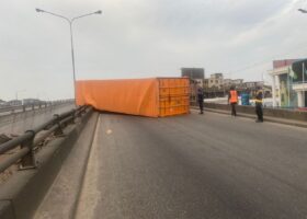 Again, container falls off truck on Ojuelegba Bridge