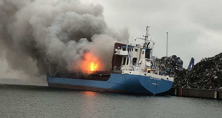 Cargo ship catches fire in Denmark