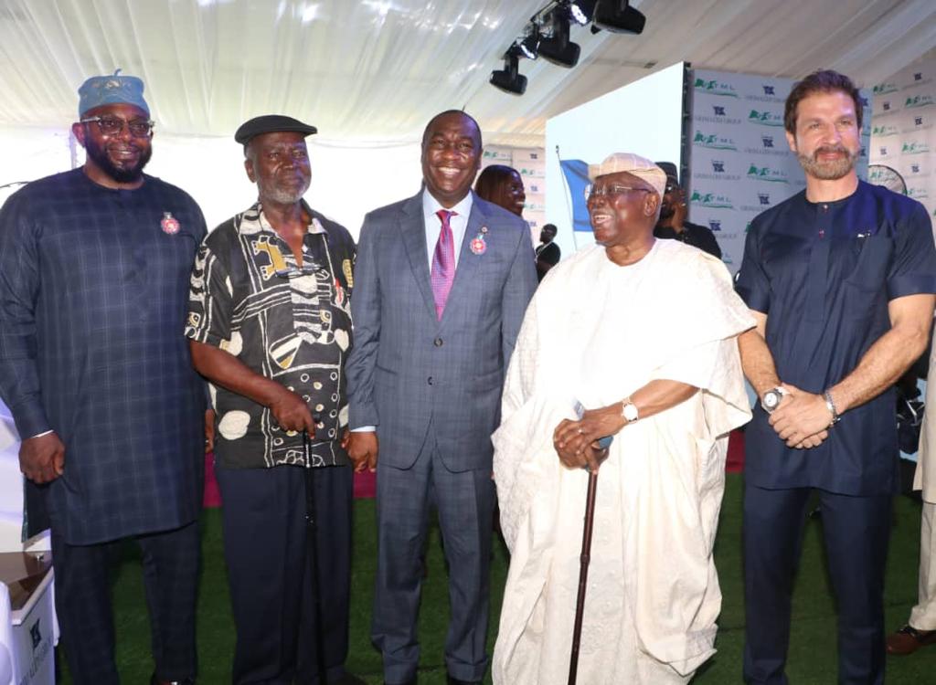 R-L: Managing Director, PTML Terminal, Mr. Ascanio Russo; former Board Chairman, Nigerian Ports Authority (NPA), Chief Bode George; Deputy Governor of Lagos State, Dr. Obafemi Hamzat; Chairman, Board of Directors of PTML, Sen. Bode Olajumoke and Lagos State Head of Service, Mr. Bode Agoro, at a reception to celebrate the maiden call of MV Great Lagos to Nigeria at PTML Terminal, Tin-Can Island Port, Lagos.