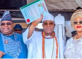 Adeleke Presents Staff of Office to New Owa Obokun of Ijesaland