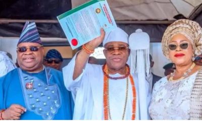 Adeleke Presents Staff of Office to New Owa Obokun of Ijesaland